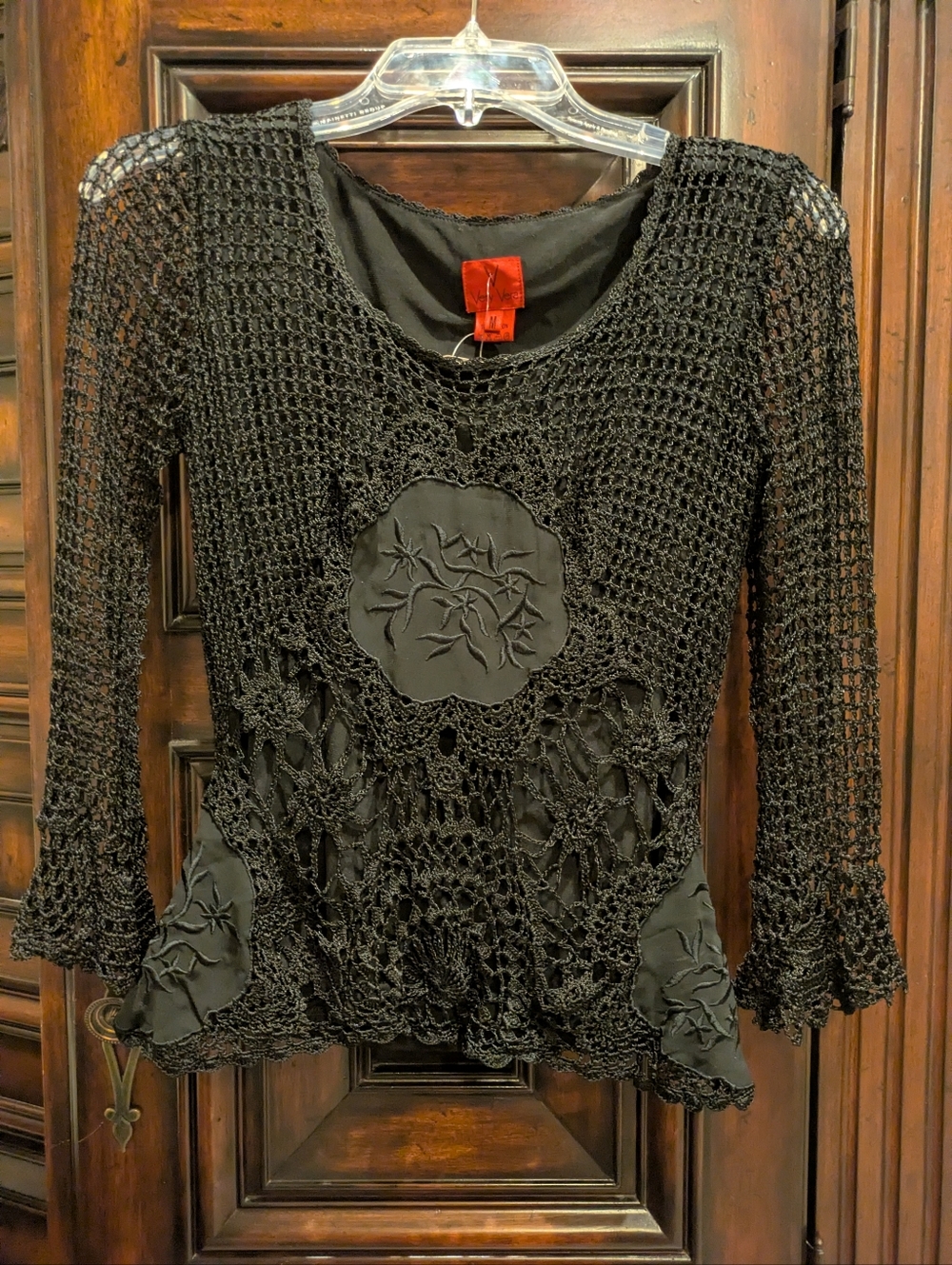 NWT vintage Very Vera crochet embroidered black net long sleeve top size M